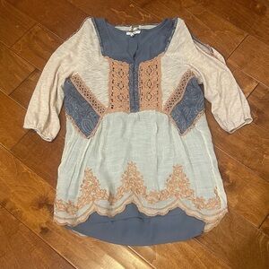 FP Movement by Free People Blue and Cream Lace Blouse